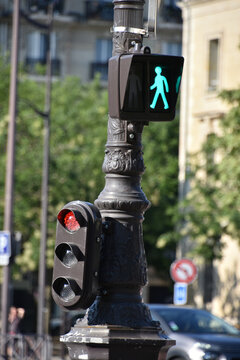 Paris Stoplight and Crosswalk Signal with Green Walk Sign, Portrait