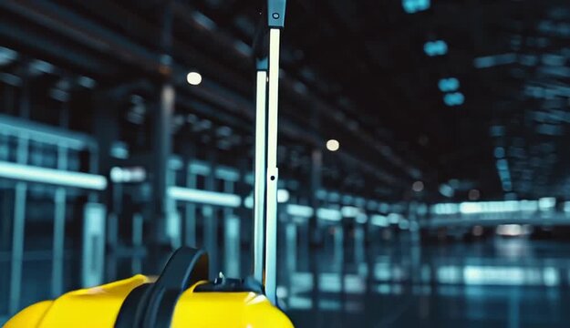 Bright yellow hard-shell rolling suitcase with telescopic handle standing alone on polished floor in modern train station or airport terminal