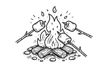 Obraz premium Campfire cooking with roasting marshmallows on sticks in nature