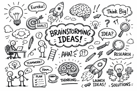 Brainstorming ideas concept with doodles of lightbulbs, rockets, and thought bubbles