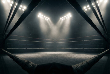 An empty boxing ring, illuminated by spotlights, evoking anticipation and the spirit of competition