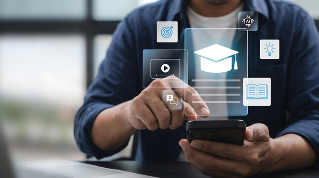 Man using smartphone to access digital education platform with icons for graduation cap video learning artificial intelligence and goal setting for remote online study success