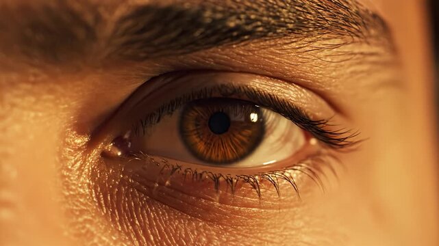 Extreme macro shot brown human eye opening and closing. Warm golden lighting reveals iris details and skin texture. Perfect for medical, scientific, or beauty related content.