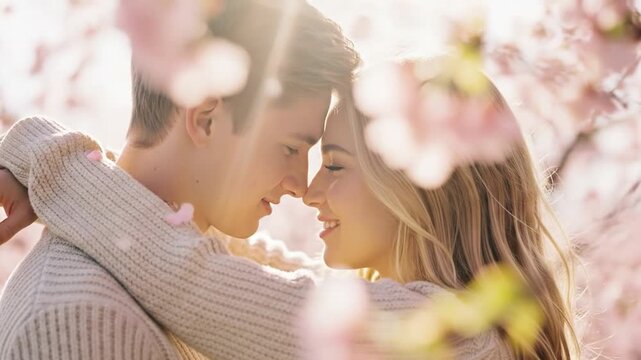 Young Romantic Couple Embracing for Valentine's Day in Soft Bokeh. Valentines Day