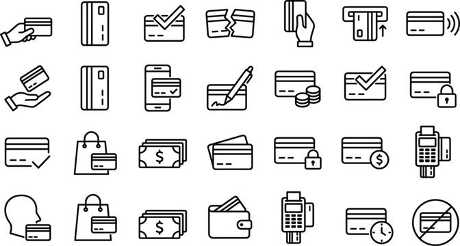Credit card icons, payment symbols, financial tools, transaction graphics, mobile wallet visuals, e-commerce elements, banking items, money design, finance illustration