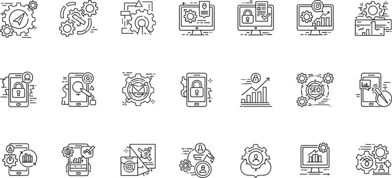 Cybersecurity icons, digital technology, system management, secure access, data protection, mobile security, performance tracking, analytics, network, infrastructure, optimization