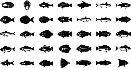 Fototapeta premium Collection of diverse fish silhouettes for design use