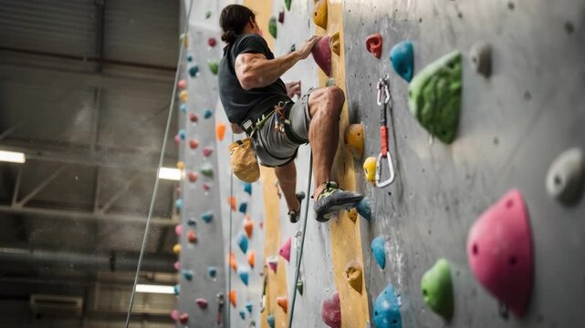 Focused medium shot of lead climbing action on tall indoor wall with dynamic climber reaching holds and blurred quickdraw placements.