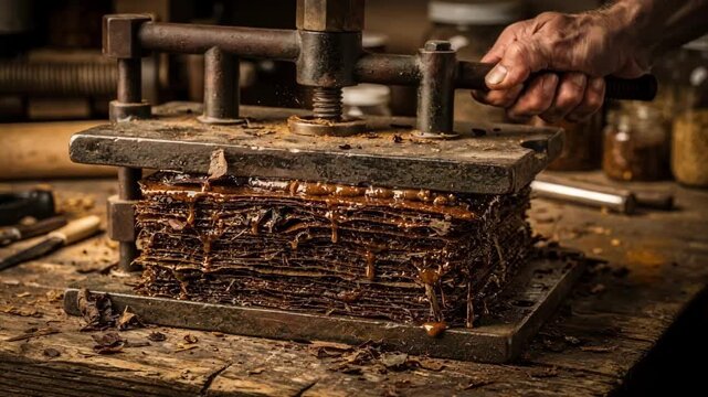 Closeup medium shot of manual press shaping sweetened chewing tobacco leaves into a dense rectangular plug form highlighting traditional craftsmanship and texture.