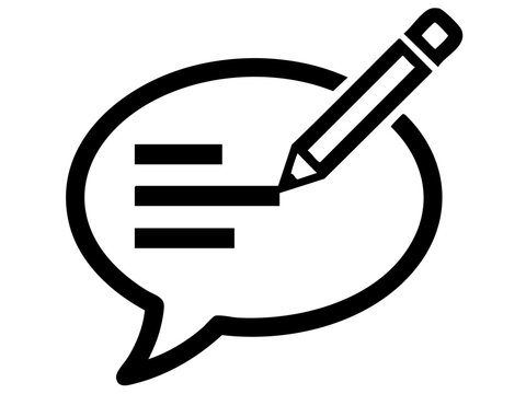 Simple black line art icon representing feedback or message creation with a pencil writing inside a speech bubble.