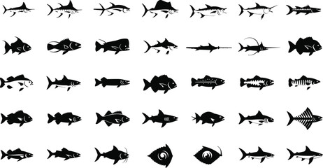 Fototapeta premium Diverse collection of fish and sea creatures in black silhouette