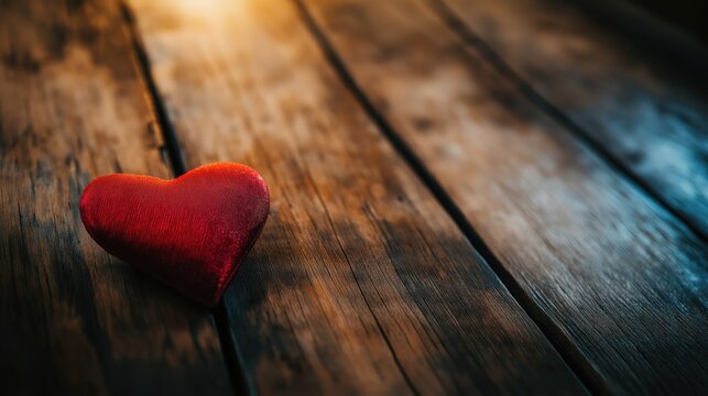 Plastic red heart on wooden background.