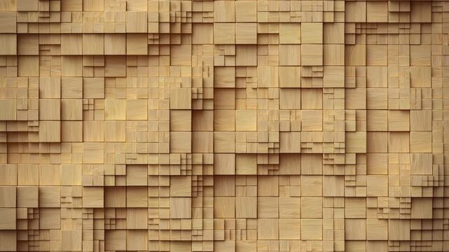 Geometric background made of wooden cubes. Seamless loop 3D render animation