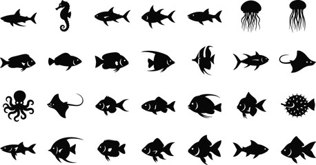 Fototapeta premium Diverse collection of ocean fish silhouettes for design
