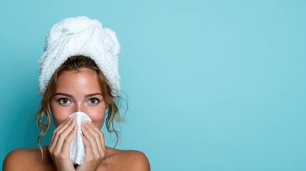A young woman with wet hair wrapped in a towel holds a tissue close to her face, representing beauty, self-care, and candid moments in a serene blue background.