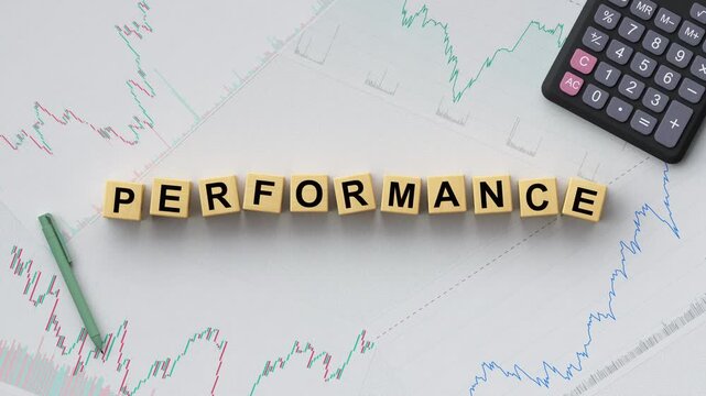 The word Performance is spelled out using wooden letter blocks over financial charts. Representing business success, growth, evaluation, and financial data analysis. 3D render animation