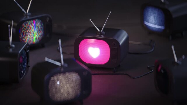Retro mini TV with heart signal and static noise screens around. Moody and artistic tech-inspired scene blends nostalgia with modern digital symbolism. 3D render seamless loop animation