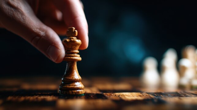 A close-up of a wooden king chess piece being moved represents strategic thinking and the depth of planning behind every chess game, highlighting the art of competition and focus.