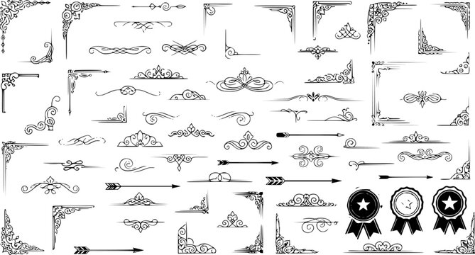 Big set vintage frame corners design elements. frames, calligraphic, swirls divider, thai pattern, ornate, award, arrows. Vintage line decoration frames collection. Vector illustration