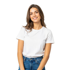 Fototapeta premium Smiling young woman in white t-shirt and jeans isolated on transparent background