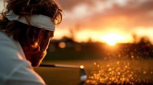 A dedicated golfer takes a swing as the sun sets in the background, capturing the essence of the sport and the beauty of nature's colors at twilight.