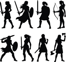 female warrior silhouettes cad drawing flat vector illustration, fantasy women fighters, sword shield archer axe poses, medieval combat character set
