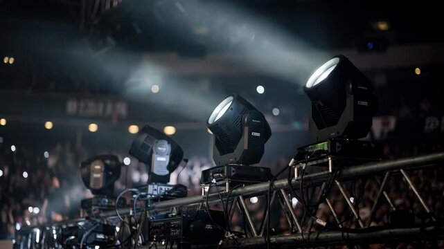 Medium shot of moving head lights pivoting on a mobile rig during a night concert setup the lights sharply detailed against a softly blurred event crowd.