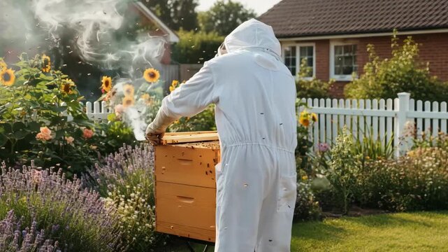 Protective beekeeper in a suburban garden gently guiding a swarm into a wooden hive box with smoke demonstrating careful swarm management techniques