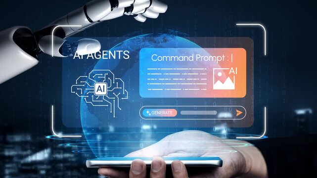 Futuristic robotic hand engaging with digital interface showcasing artificial intelligence features and command inputs in a tech-savvy environment Gluon.