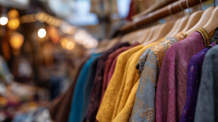 Obraz premium In the bustling market, thermal clothes are showcased in vibrant colors, perfect for winter fashion enthusiasts looking to combine style and warmth during cold weather shopping. cinematic color