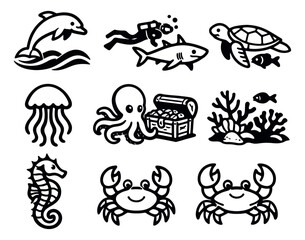 Fototapeta premium Hand drawn line art marine life icon set featuring common sea animals and underwater objects for educational and children's designs