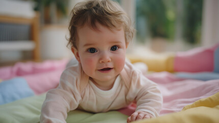 Fototapeta premium A happy baby in a stylish baby bodysuit enjoying playtime on a colorful play mat, focusing on the latest trends in baby fashion suitable for marketing campaigns targeting young families. cinematic