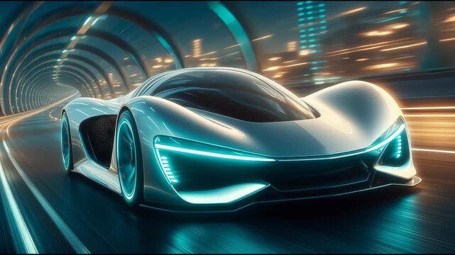 Futuristic concept car driving through neon tunnel, dynamic front view, concept of future technologies.