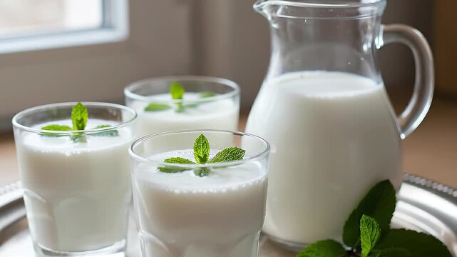 Freshly poured creamy beverage in clear glasses garnished with mint leaves on a silver tray beside a glass pitcher in a bright kitchen setting