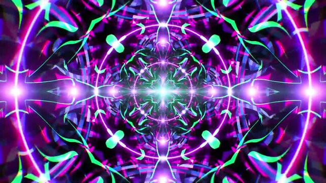 Neon Kaleidoscope Mandala Loop in Purple and Green Glowing Symmetry