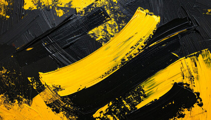 Bold abstract oil painting with dynamic black and yellow brushstrokes, strong contrast, expressive