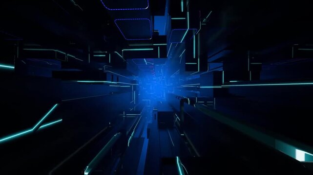 Seamless 3D VJ Loop Transition Through a Dark Digital Technology Tunnel Motion