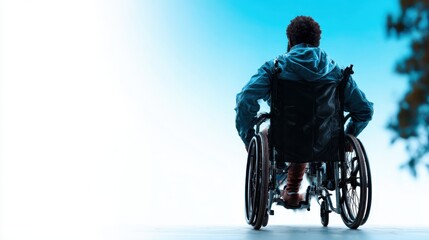 Obraz premium A person in a wheelchair gazes out into the horizon, symbolizing resilience and hope, amidst a serene backdrop suggesting freedom and limitless possibilities.