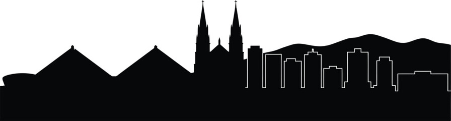 Black silhouette of Pereira city skyline with cathedral and buildings near mountains for urban travel, South American tourism and colombian architecture concept.