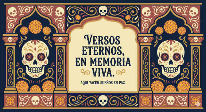Traditional Mexican sugar skull and marigold flower frame with spanish text for Day of the Dead literary calaverita poem about eternal verses and living memory.