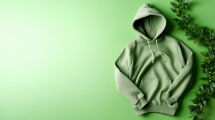 Obraz premium A stylish green hoodie laid flat against a solid backdrop embodies comfort and casual style, perfect for relaxation, outdoor activities, or simply lounging at home.