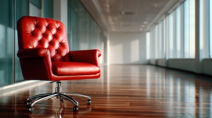 A striking red leather office chair positioned stylishly in a contemporary workspace, reflecting luxury and sophistication in a minimalistic environment full of natural light.