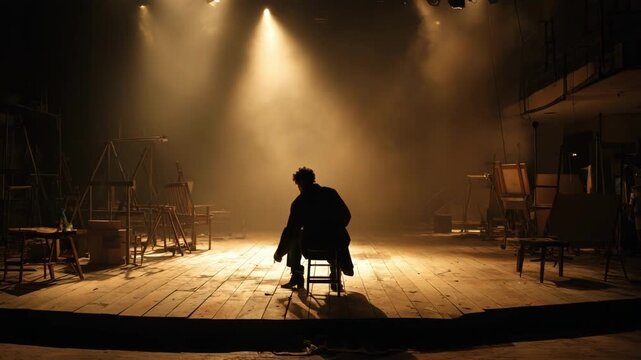 Medium shot highlighting long pose figure on central platform warm spotlight casting dramatic shadows as easels and preliminary sketches fade into blur.