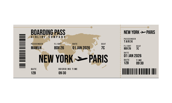 A boarding pass for a flight from New York to Paris France