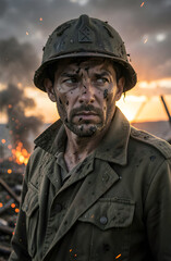 Obraz premium War torn soldier gazing with thousand yard stare