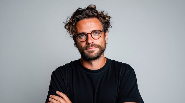A confident and stylish man with curly hair and glasses poses for a portrait, radiating charisma and professionalism against a simple gray background.