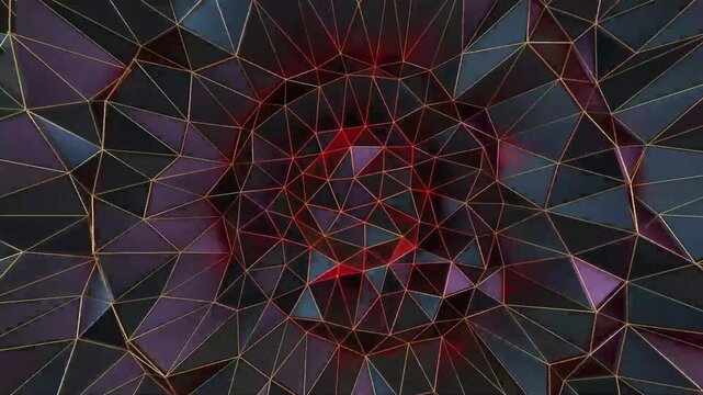 Abstract Geometric Kaleidoscope with Triangular Mesh and Glowing Red Rings
