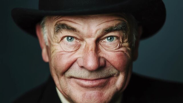 Close-up of an elderly man with a sly smile and raised eyebrow, wearing a hat.