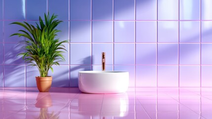 Fototapeta premium A sleek bathroom featuring a round white sink, pink tiled walls, and a green plant that adds a touch of nature, perfect for modern interior design enthusiasts.