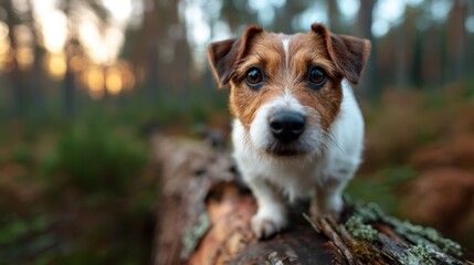 A playful dog stands confidently atop a fallen tree, surrounded by a lush forest environment, embodying joy and adventure in the great outdoors.